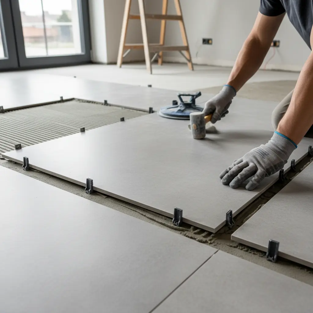 Verlegung großformatiger Feinsteinzeugfliesen in einem modernen Wohnraum