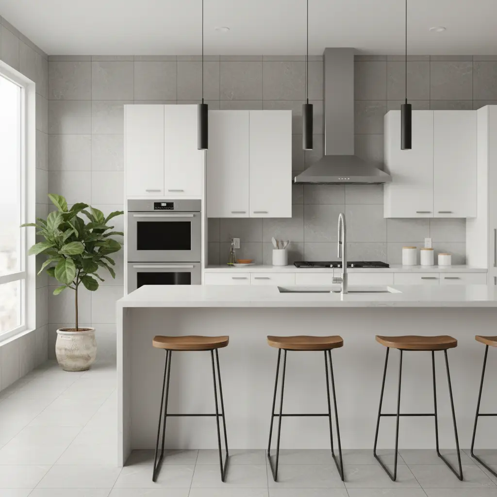 Küche mit gefliestem Boden und Spritzschutz